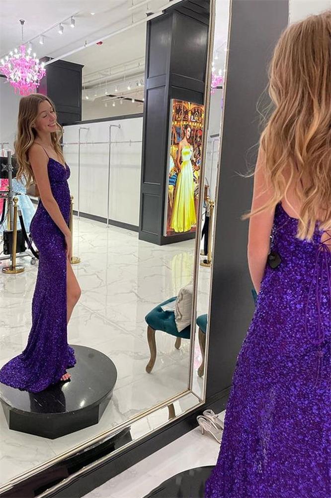 Mermaid V Neck Purple Spaghetti Straps Sequin Prom Dresses With Slit, Long Evening Dresses