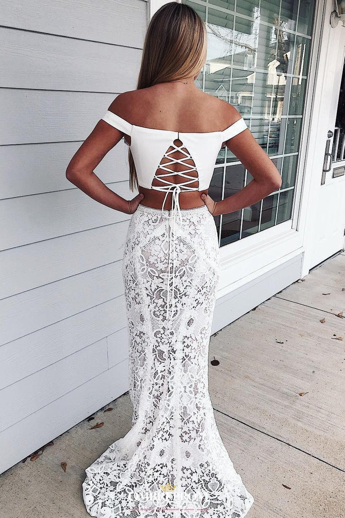 two piece ivory long evening dress off-shoulder mermaid lace prom dress dtp167