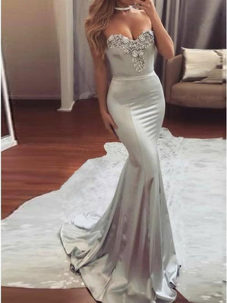 mermaid beading evening dress silver fishtail prom dress dtp414