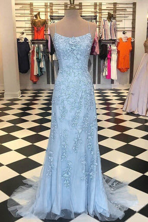 Mermaid Backless Light Sky Blue Prom Dress, Tulle Spaghetti Appliques Evening Gown