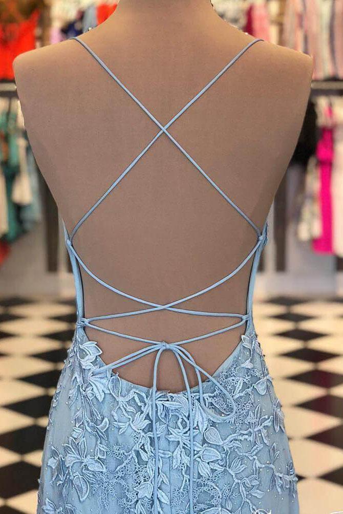 Mermaid Backless Light Sky Blue Prom Dress, Tulle Spaghetti Appliques Evening Gown