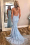 Mermaid Backless Light Sky Blue Prom Dress, Tulle Spaghetti Appliques Evening Gown