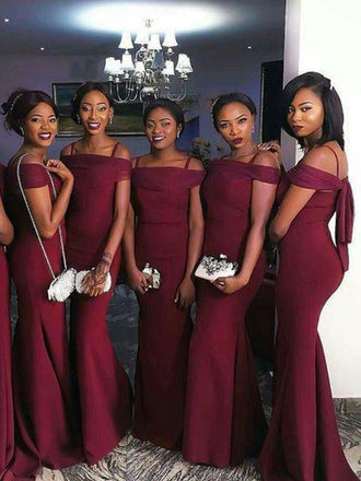 mermaid burgundy bridesmaid dresses off shoulder wedding party dress dtb43