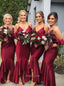 Mermaid Burgundy Bridesmaid Dresses V-neck Asymmetry Ruffles