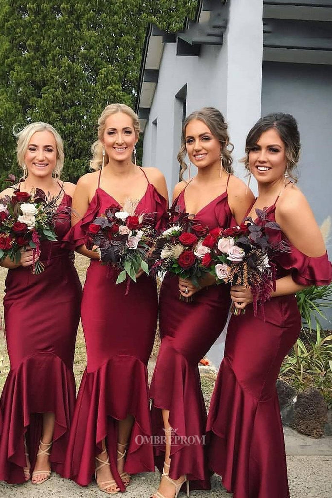 Mermaid Burgundy Bridesmaid Dresses V-neck Asymmetry Ruffles