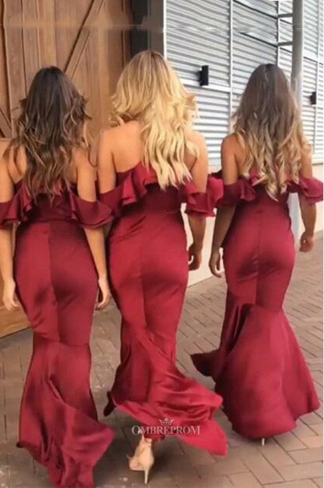 Mermaid Burgundy Bridesmaid Dresses V neck Asymmetry Ruffles DTB69