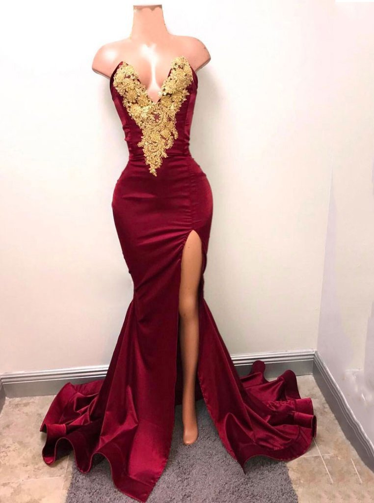 Mermaid Gold Applique Burgundy Prom Evening Gowns With Split