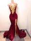 Mermaid Gold Applique Burgundy Prom Evening Gowns With Split