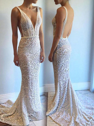 Mermaid Lace Wedding Dress, Backless Long Beaded Lace Bridal Gowns