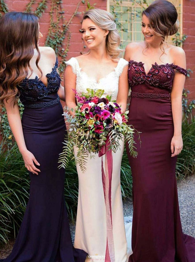 Mermaid Off the Shoulder Satin Burgundy/Navy Bridesmaid Dresses