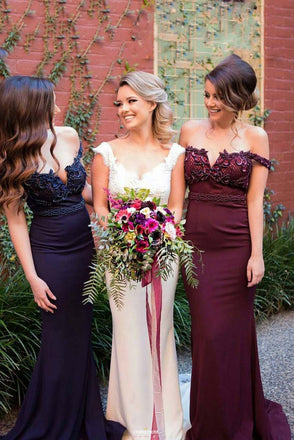 mermaid off the shoulder satin burgundy/navy bridesmaid dresses dtb71