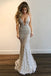 Mermaid Plunging neckline Lace Backless Prom Dress with Sequins