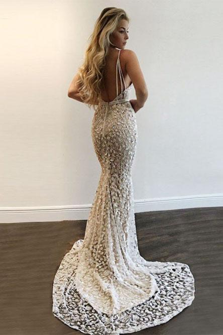 Mermaid Plunging neckline Lace Backless Prom Dress with Sequins