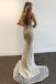 Mermaid Plunging neckline Lace Backless Prom Dress with Sequins