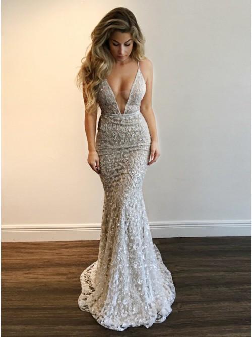 mermaid plunging neckline lace backless prom dress with sequins dtp557