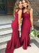 mermaid/trumpet v-neck satin burgundy bridesmaid dresses with ruffles dtb26
