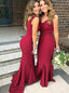 Mermaid/Trumpet V-Neck Satin Burgundy Bridesmaid Dresses With Ruffles