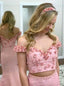 Off-Shoulder Pink Mermaid Graduation Dress Two Piece Floral Beading Long Prom Dress