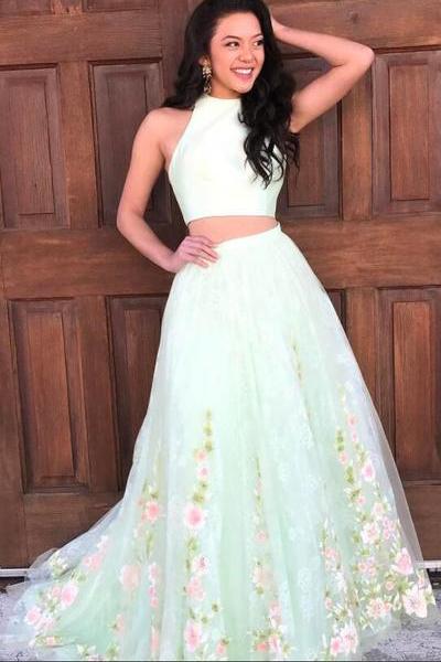 halter sleeveless two piece floral long prom dresses dtp347