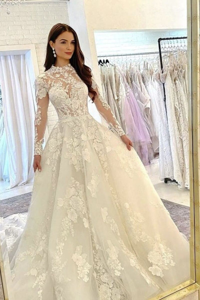 Ball Gown Lace Bridal Dress Modest Lace Long Sleeves Wedding