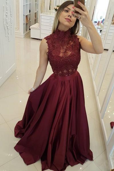 High Neck Prom Dresses Burgundy A Line Lace Applique Evening Gown