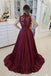 High Neck Prom Dresses Burgundy A Line Lace Applique Evening Gown