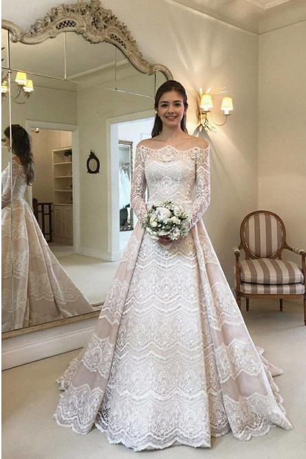 modest lace bridal gown off-the-shoulder long sleeves wedding dress dtw170