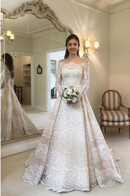 Modest Lace Bridal Gown Off-the-Shoulder Long Sleeves Wedding Dress DTW170 DressTok.co.uk Modest Lace Bridal Gown Off-the-Shoulder Long Sleeves Wedding Dress DTW170 DressTok.co.uk