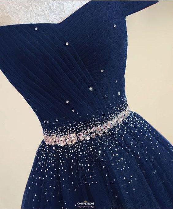 Modest Off-Shoulder A-Line Tulle Prom Formal Dress With Beading