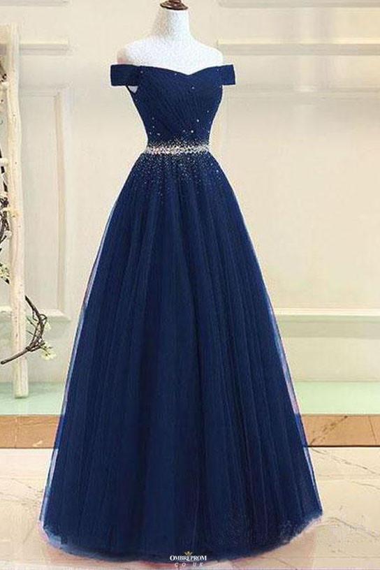 Modest Off Shoulder A Line Tulle Prom Formal Dress With Beading