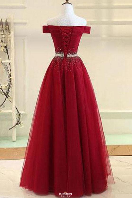 Modest Off-Shoulder A-Line Tulle Prom Formal Dress With Beading