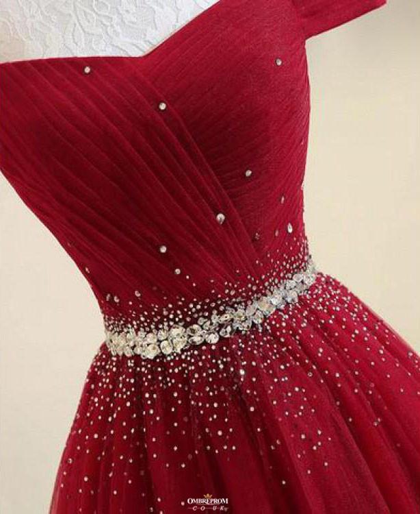 Modest Off-Shoulder A-Line Tulle Prom Formal Dress With Beading