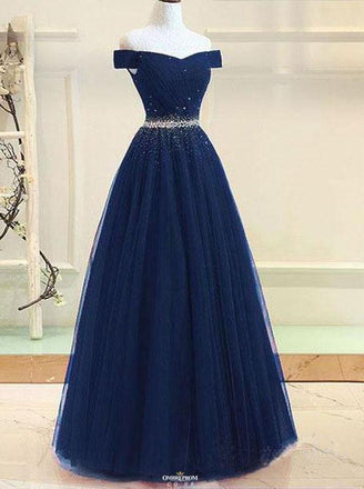 modest off-shoulder a-line tulle prom formal dress with beading dtp572