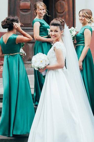 modest scoop long a-line satin green bridesmaid dresses dtb54