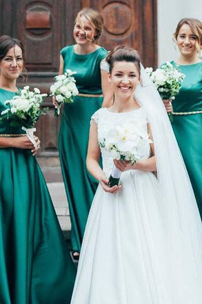 Modest Scoop Long A-Line Satin Green Bridesmaid Dresses