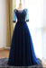 half sleeves wedding party dress dark blue long prom dress dtp168