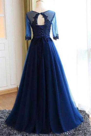 Dark Blue Long Prom Dress Half Sleeves Wedding Party Dress