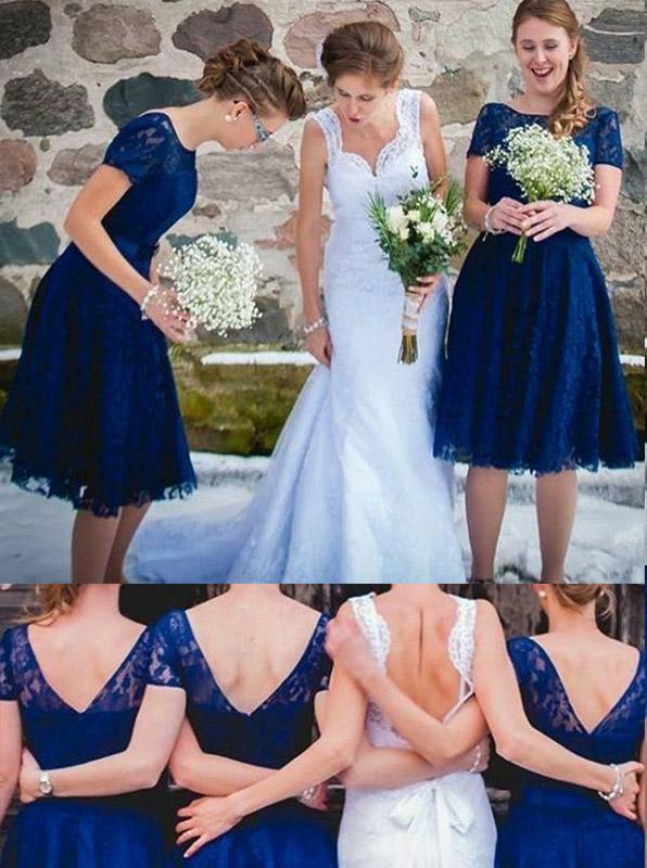 modest short sleeves royal blue knee length lace bridesmaid dresses dtb17