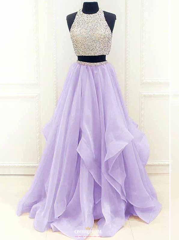 two piece beading formal dress modest organza prom dress with ruffles dtp585