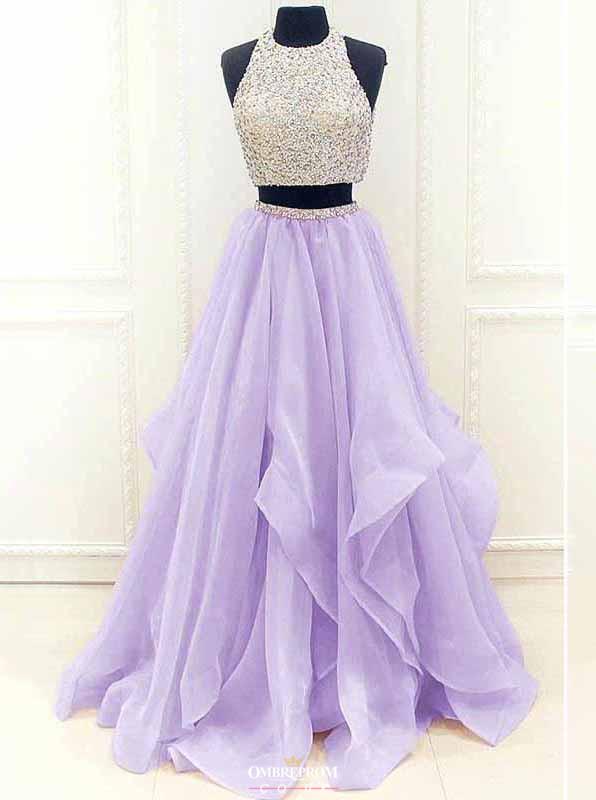 Two Piece Beading Formal Dress Modest Organza Prom Dress With Ruffles DTP585 DressTok