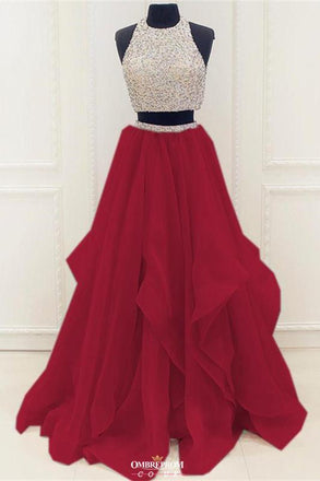 Modest Organza Prom Dress With Ruffles, Two Piece Beading Formal Dress
