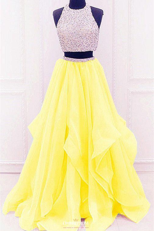 Two Piece Beading Formal Dress Modest Organza Prom Dress With