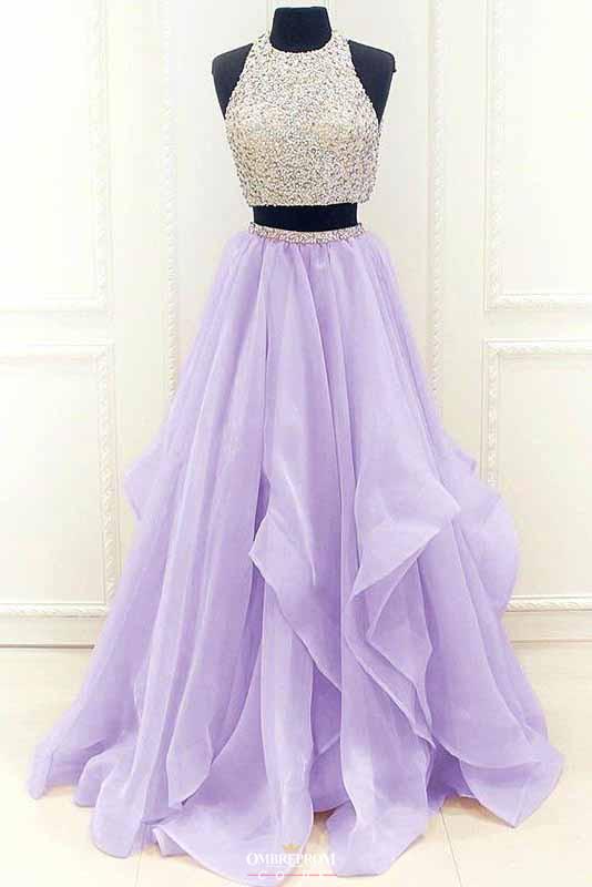 Modest Organza Prom Dress With Ruffles, Two Piece Beading Formal Dress