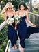 navy blue chiffon v-neck spaghetti straps long sheath bridesmaid dresses dtb36