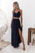 Two Piece Navy Blue Simple Prom Dress Spaghetti Straps with Slit