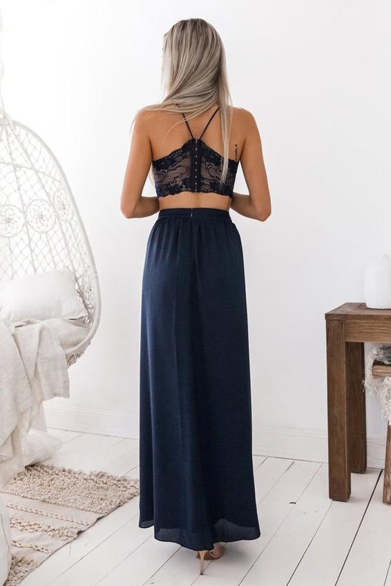 spaghetti straps two piece navy blue prom dress with lace dtp175
