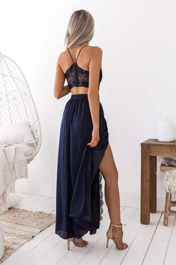 Two Piece Navy Blue Simple Prom Dress Spaghetti Straps with Slit