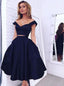 Dark Navy Two Piece Off-the-shoulder Mid-Calf Prom Dress