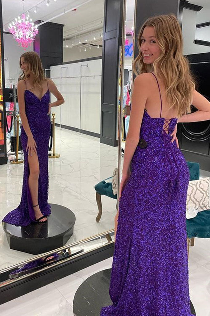 Mermaid V Neck Purple Spaghetti Straps Sequin Prom Dresses With Slit, Long Evening Dresses