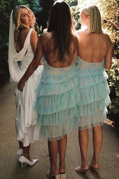 Halter Neck Tiered Tulle Long Prom Dresses, Sling Mesh Bridesmaid Dress